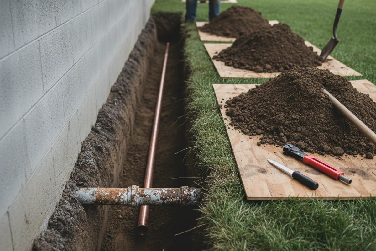 Excavated water line trench during Sewer Line Repair in Leesville